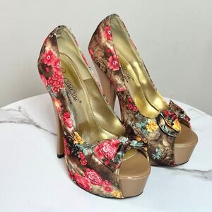 Y2K Womens DbDk Floral Print Peep Toe Platform Pump Bow Heel Brown Red 8 Glam